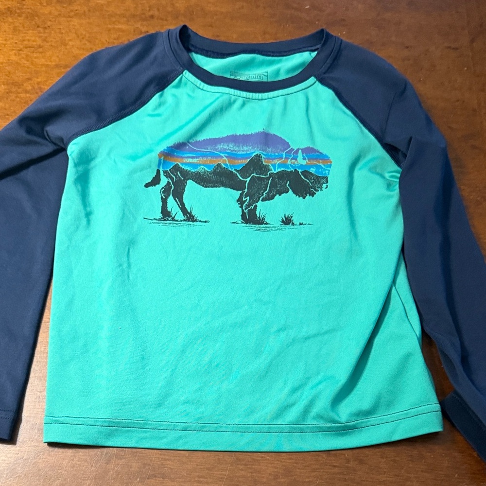 Patagonia Kids' Turquoise and Navy Graphic Long Sleeve Tee